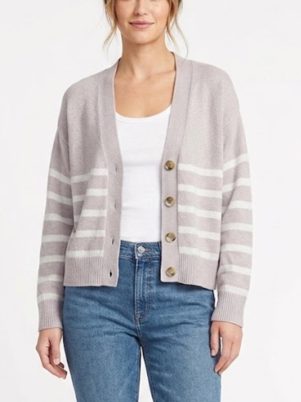 On 34th Striped V-Neck Button Front Cardigan Sweater Taupe Size M